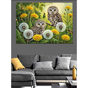 Küçük Baykuşlar Ve Çiçekler İllüstrasyon Dekoratif Kanvas - Mdf Ahşap Tablo 50x70 cm