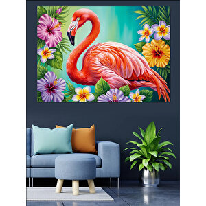 Renkli Çiçekli Flamingo İllüstrasyon Dekoratif Kanvas - Mdf Ahşap Tablo 70x100 cm