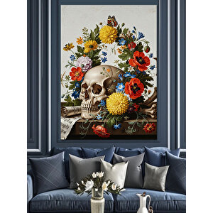 Çiçekli Kurukafa Sanatsal Çizim Dekoratif Kanvas - Mdf Ahşap Tablo 70x100 cm