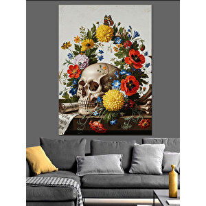 Çiçekli Kurukafa Sanatsal Çizim Dekoratif Kanvas - Mdf Ahşap Tablo 70x100 cm