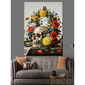 Çiçekli Kurukafa Sanatsal Çizim Dekoratif Kanvas - Mdf Ahşap Tablo 70x100 cm