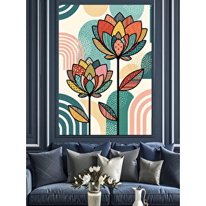 Modern Geometrik Renkli Çiçek Deseni Dekoratif Kanvas - Mdf Ahşap Tablo 100x140 cm