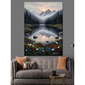 Sisli Dağlar Ve Çiçekler Dekoratif Kanvas - Mdf Ahşap Tablo 50x70 cm