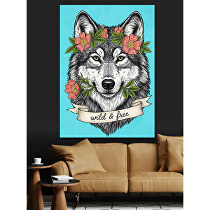 Çiçekler Ve Kurt  Dekoratif Kanvas - Mdf Ahşap Tablo 35x50 cm