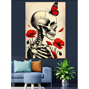 Kelebekli İskelet Ve Çiçekler Dekoratif Kanvas - Mdf Ahşap Tablo 100x140 cm
