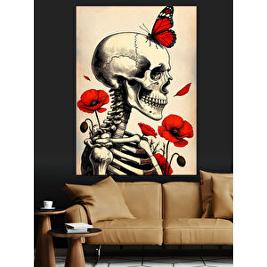 Kelebekli İskelet Ve Çiçekler Dekoratif Kanvas - Mdf Ahşap Tablo 100x140 cm