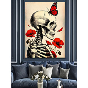Kelebekli İskelet Ve Çiçekler Dekoratif Kanvas - Mdf Ahşap Tablo 100x140 cm