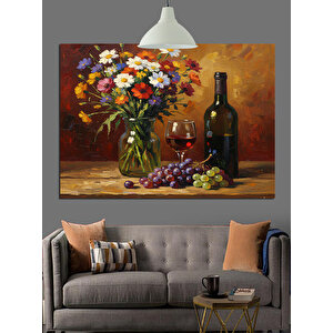 Çiçekler Şarap Şişesi Natürmort Dekoratif Kanvas - Mdf Ahşap Tablo 35x50 cm