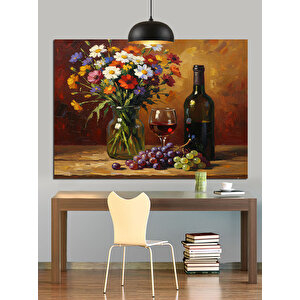 Çiçekler Şarap Şişesi Natürmort Dekoratif Kanvas - Mdf Ahşap Tablo 35x50 cm