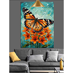 Turuncu Kelebek Ve Çiçekler Dekoratif Kanvas - Mdf Ahşap Tablo 50x70 cm