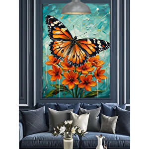 Turuncu Kelebek Ve Çiçekler Dekoratif Kanvas - Mdf Ahşap Tablo 50x70 cm