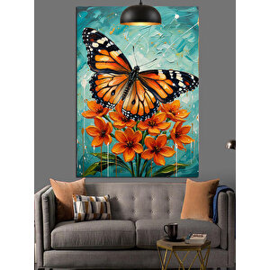 Turuncu Kelebek Ve Çiçekler Dekoratif Kanvas - Mdf Ahşap Tablo 50x70 cm