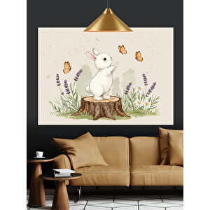 Tavşan Kelebekler Çiçekler Bahçe Dekoratif Kanvas - Mdf Ahşap Tablo 50x70 cm