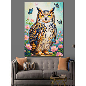 Renkli Çiçekler Arasında Sevimli Baykuş Dekoratif Kanvas - Mdf Ahşap Tablo 100x140 cm