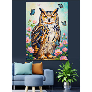 Renkli Çiçekler Arasında Sevimli Baykuş Dekoratif Kanvas - Mdf Ahşap Tablo 100x140 cm