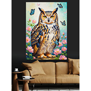 Renkli Çiçekler Arasında Sevimli Baykuş Dekoratif Kanvas - Mdf Ahşap Tablo 100x140 cm