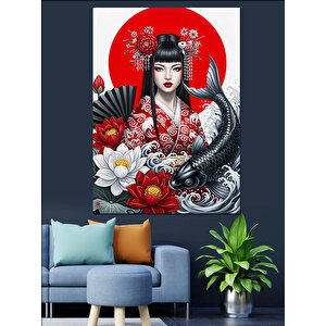 Kırmızı Çiçekli Geleneksel Geyşa Dekoratif Kanvas - Mdf Ahşap Tablo 50x70 cm