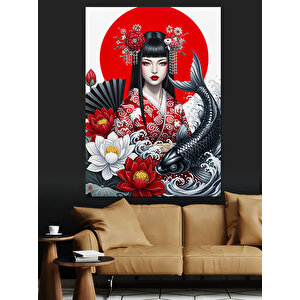 Kırmızı Çiçekli Geleneksel Geyşa Dekoratif Kanvas - Mdf Ahşap Tablo 50x70 cm