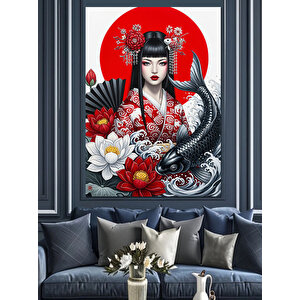 Kırmızı Çiçekli Geleneksel Geyşa Dekoratif Kanvas - Mdf Ahşap Tablo 50x70 cm