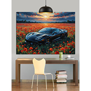 Gelincik Çiçekleri Ve Spor Araba Dekoratif Kanvas - Mdf Ahşap Tablo 70x100 cm