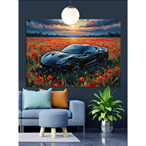 Gelincik Çiçekleri Ve Spor Araba Dekoratif Kanvas - Mdf Ahşap Tablo 70x100 cm