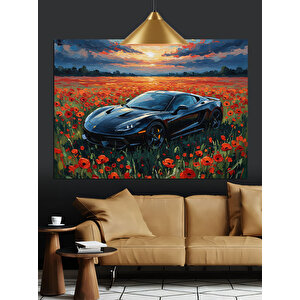 Gelincik Çiçekleri Ve Spor Araba Dekoratif Kanvas - Mdf Ahşap Tablo 70x100 cm