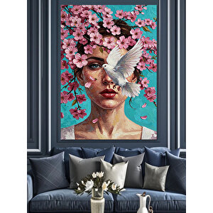 Beyaz Güvercinli Çiçekli Kadın Dekoratif Kanvas - Mdf Ahşap Tablo 50x70 cm