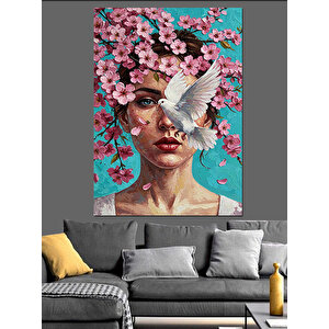 Beyaz Güvercinli Çiçekli Kadın Dekoratif Kanvas - Mdf Ahşap Tablo 50x70 cm