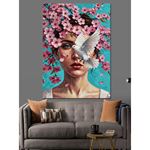 Beyaz Güvercinli Çiçekli Kadın Dekoratif Kanvas - Mdf Ahşap Tablo 50x70 cm