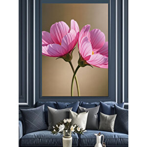 Pembe Kozmos Çiçekleri Doğal Dekoratif Kanvas - Mdf Ahşap Tablo 35x50 cm