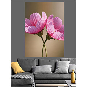 Pembe Kozmos Çiçekleri Doğal Dekoratif Kanvas - Mdf Ahşap Tablo 35x50 cm