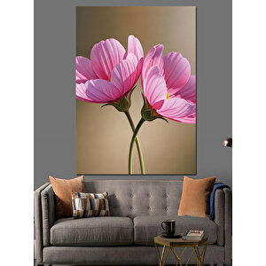 Pembe Kozmos Çiçekleri Doğal Dekoratif Kanvas - Mdf Ahşap Tablo 35x50 cm