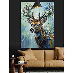 Boynuzu Çiçekli Geyik Figürü Dekoratif Kanvas - Mdf Ahşap Tablo 50x70 cm