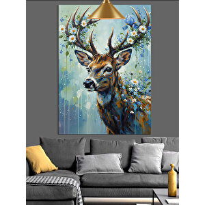 Boynuzu Çiçekli Geyik Figürü Dekoratif Kanvas - Mdf Ahşap Tablo 50x70 cm