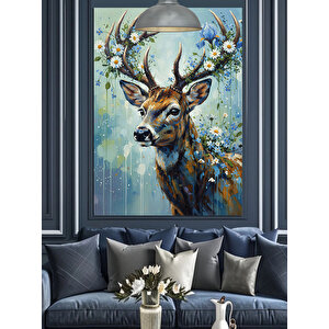 Boynuzu Çiçekli Geyik Figürü Dekoratif Kanvas - Mdf Ahşap Tablo 50x70 cm