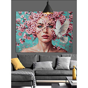 Çiçek Taçlı Kadın Portresi Güvercin Dekoratif Kanvas - Mdf Ahşap Tablo 50x70 cm