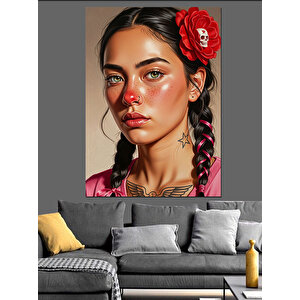 Çiçekli Saç Örgülü Kadın Dekoratif Kanvas - Mdf Ahşap Tablo 25x35 cm
