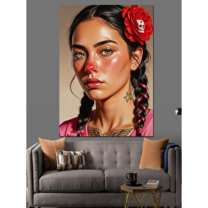 Çiçekli Saç Örgülü Kadın Dekoratif Kanvas - Mdf Ahşap Tablo 25x35 cm