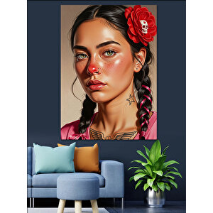 Çiçekli Saç Örgülü Kadın Dekoratif Kanvas - Mdf Ahşap Tablo 25x35 cm