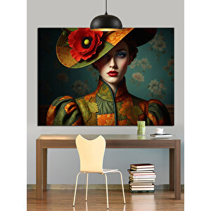 Şapkalı Kadın Çiçekli Portre Dekoratif Kanvas - Mdf Ahşap Tablo 50x70 cm