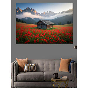 Kırmızı Gelincik Çiçekleri Arasında Ahşap Kulube Ve Dağ Manzarası Dekoratif Kanvas - Mdf Ahşap Tablo 70x100 cm