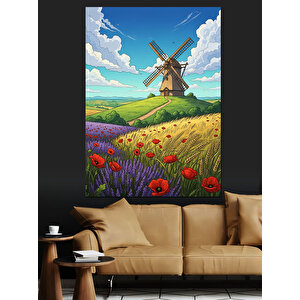 Yel Değirmeni Ve Çiçek Tarlası Dekoratif Kanvas - Mdf Ahşap Tablo 50x70 cm
