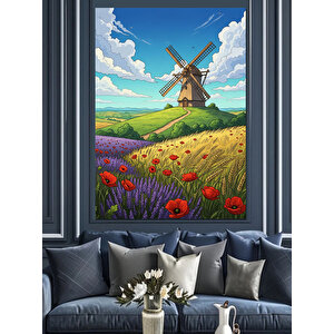 Yel Değirmeni Ve Çiçek Tarlası Dekoratif Kanvas - Mdf Ahşap Tablo 50x70 cm