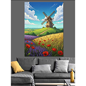 Yel Değirmeni Ve Çiçek Tarlası Dekoratif Kanvas - Mdf Ahşap Tablo 50x70 cm