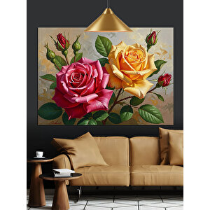 Gül Ve Sarı Çiçekler Natürmort Dekoratif Kanvas - Mdf Ahşap Tablo 35x50 cm