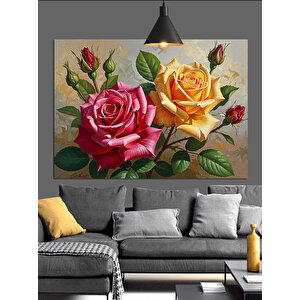 Gül Ve Sarı Çiçekler Natürmort Dekoratif Kanvas - Mdf Ahşap Tablo 35x50 cm