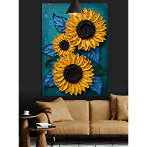 Sarı Ay Çiçekleri Mavi Fon Dekoratif Kanvas - Mdf Ahşap Tablo 25x35 cm