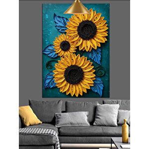 Sarı Ay Çiçekleri Mavi Fon Dekoratif Kanvas - Mdf Ahşap Tablo 25x35 cm
