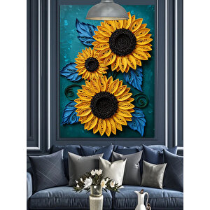 Sarı Ay Çiçekleri Mavi Fon Dekoratif Kanvas - Mdf Ahşap Tablo 25x35 cm