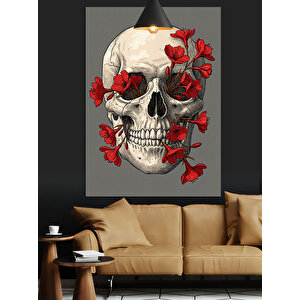 Beyaz Kuru Kafa Ve Kırmızı Çiçekler Gri Fon Dekoratif Kanvas - Mdf Ahşap Tablo 70x100 cm